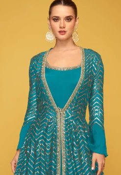 Embroidered Art Silk Gown in Teal Blue