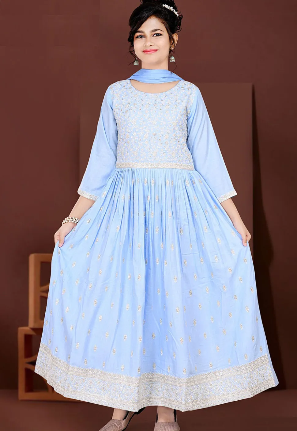 Embroidered Art Silk Gown in Light Blue