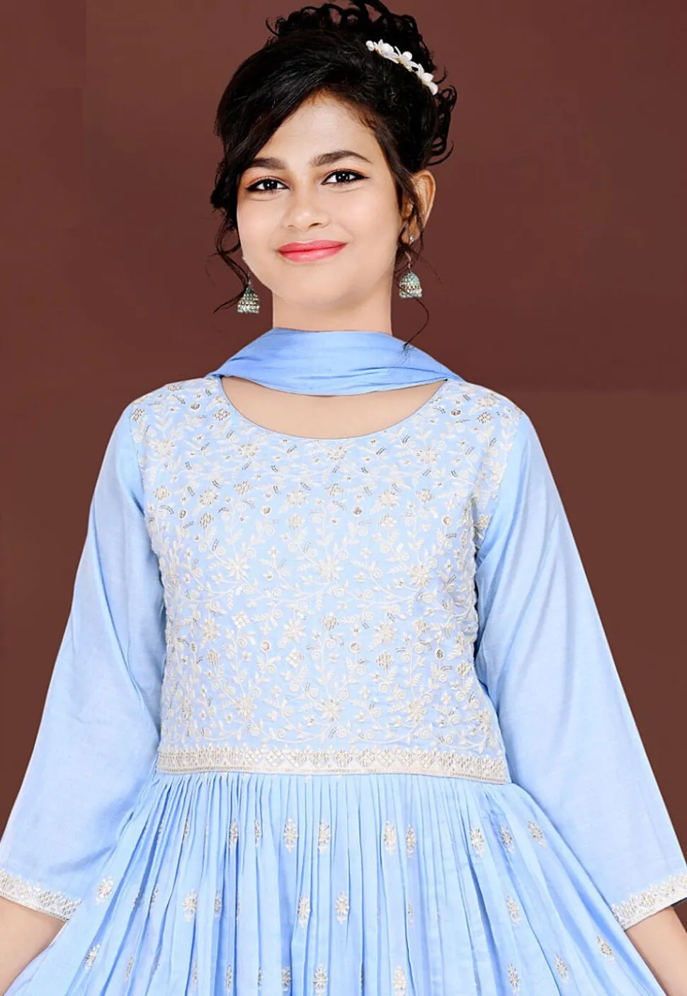 Embroidered Art Silk Gown in Light Blue