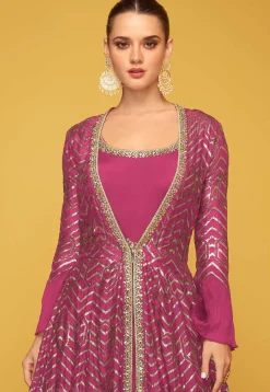 Embroidered Art Silk Gown in Fuchsia