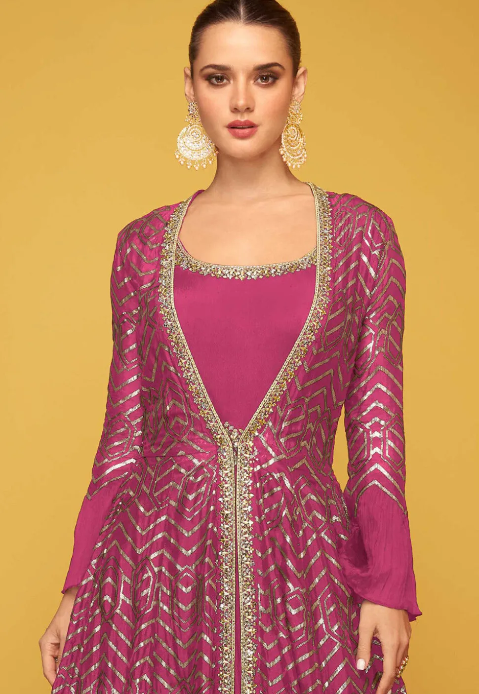 Embroidered Art Silk Gown in Fuchsia