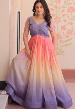 Embroidered Art Silk Gown in Multicolor