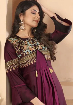 Embroidered Art Silk Gown in Purple