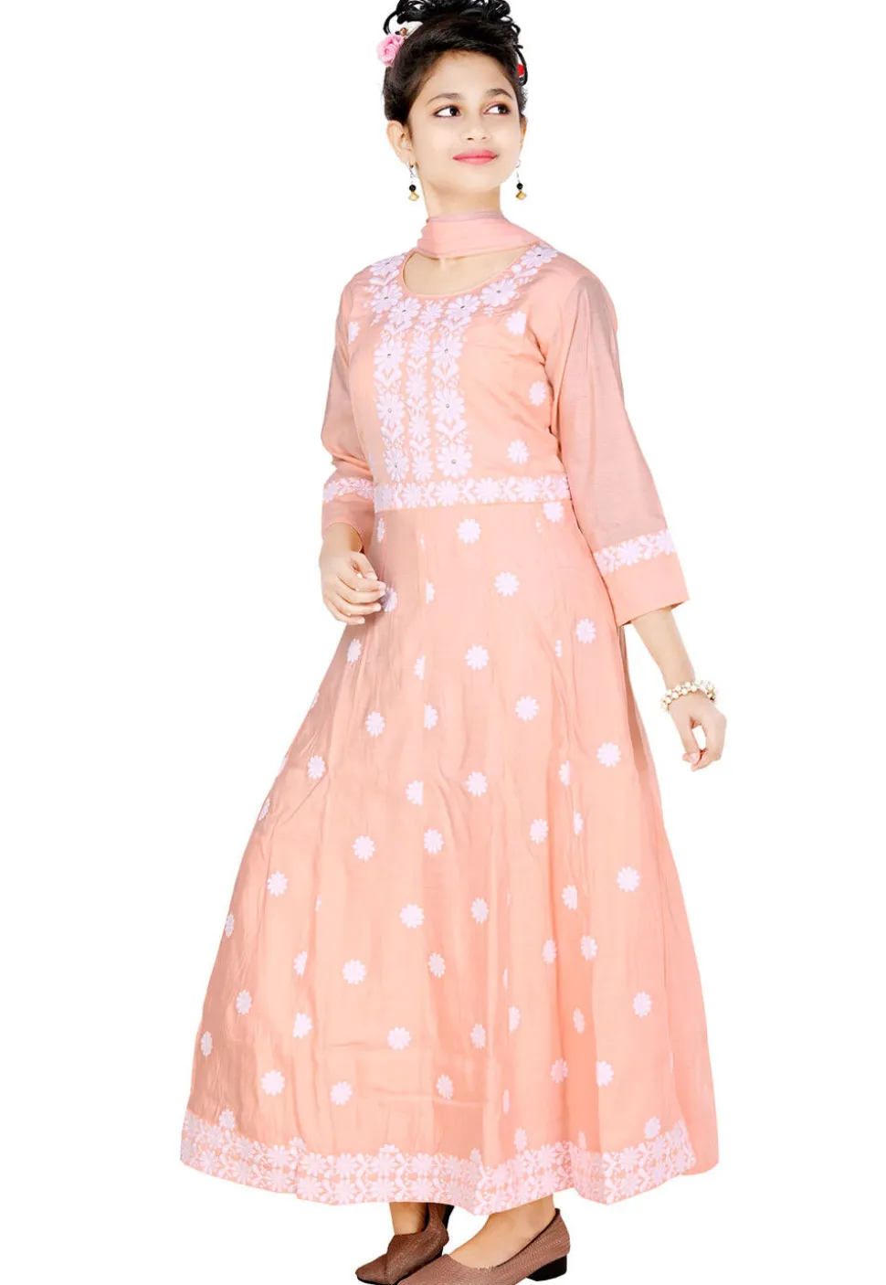 Embroidered Art Silk Gown in Peach