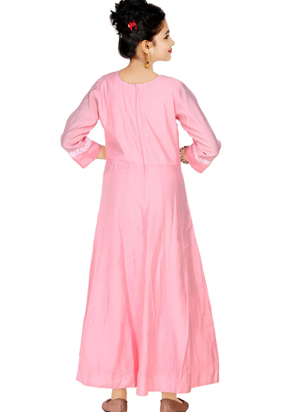 Embroidered Art Silk Gown in Pink