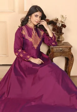 Embroidered Art Silk Gown in Purple