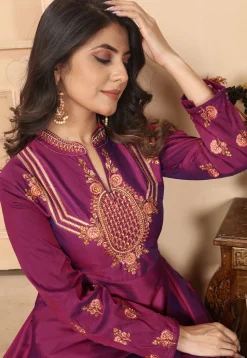 Embroidered Art Silk Gown in Purple