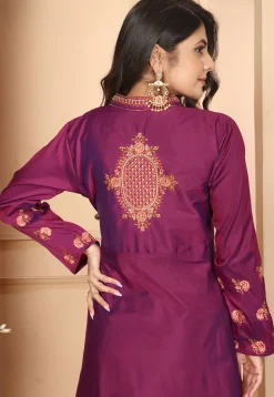 Embroidered Art Silk Gown in Purple