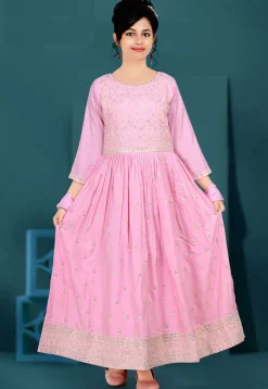 Embroidered Art Silk Gown in Pink