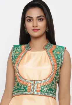 Embroidered Art Silk Gown with Jacket in Peach