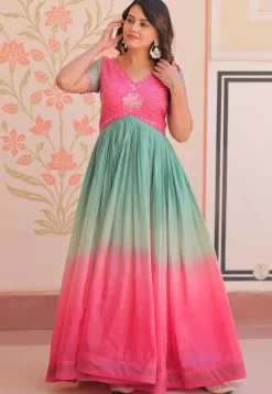 Embroidered Art Silk Gown in Multicolor
