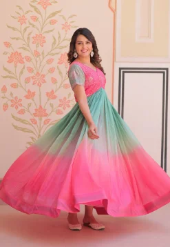 Embroidered Art Silk Gown in Multicolor