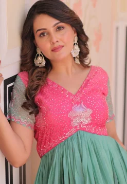 Embroidered Art Silk Gown in Multicolor