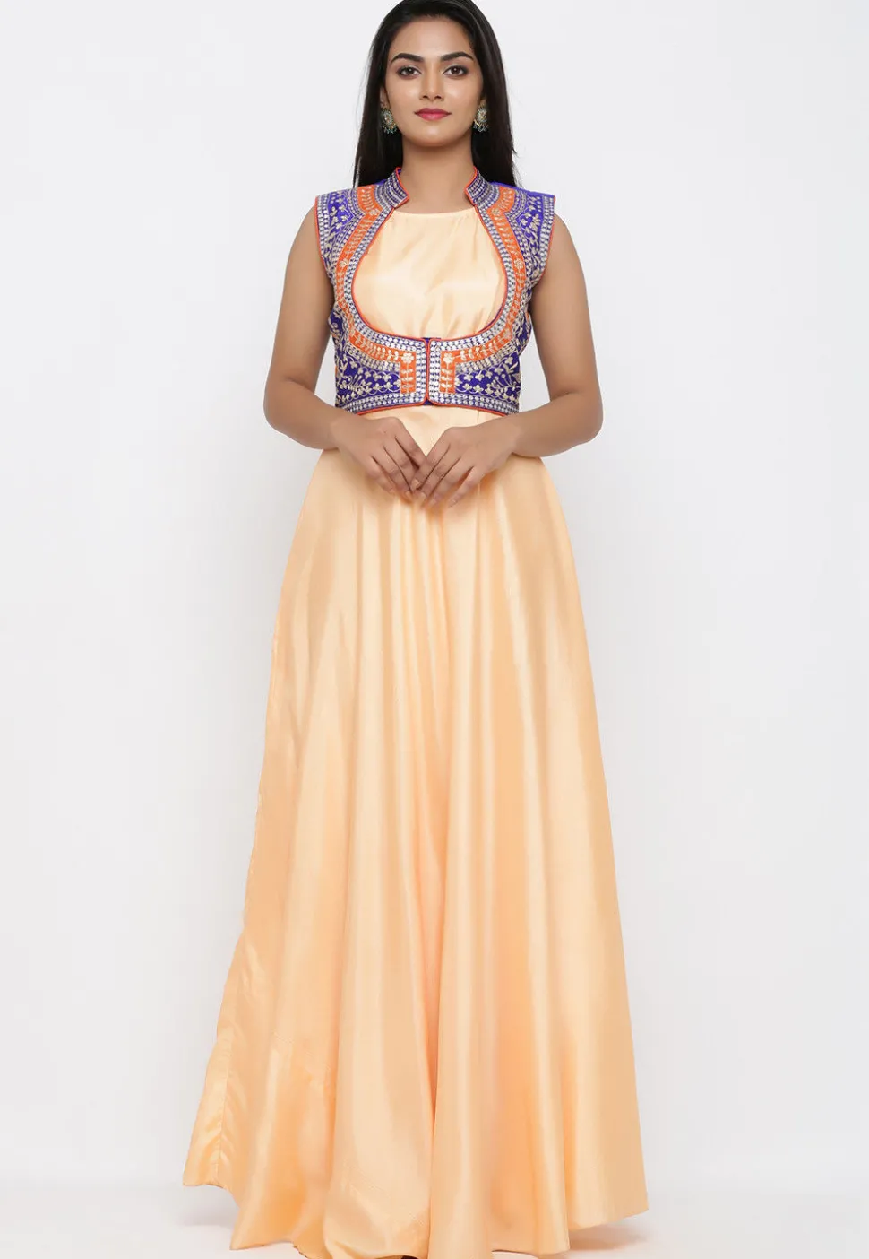 Embroidered Art Silk Gown with Jacket in Peach