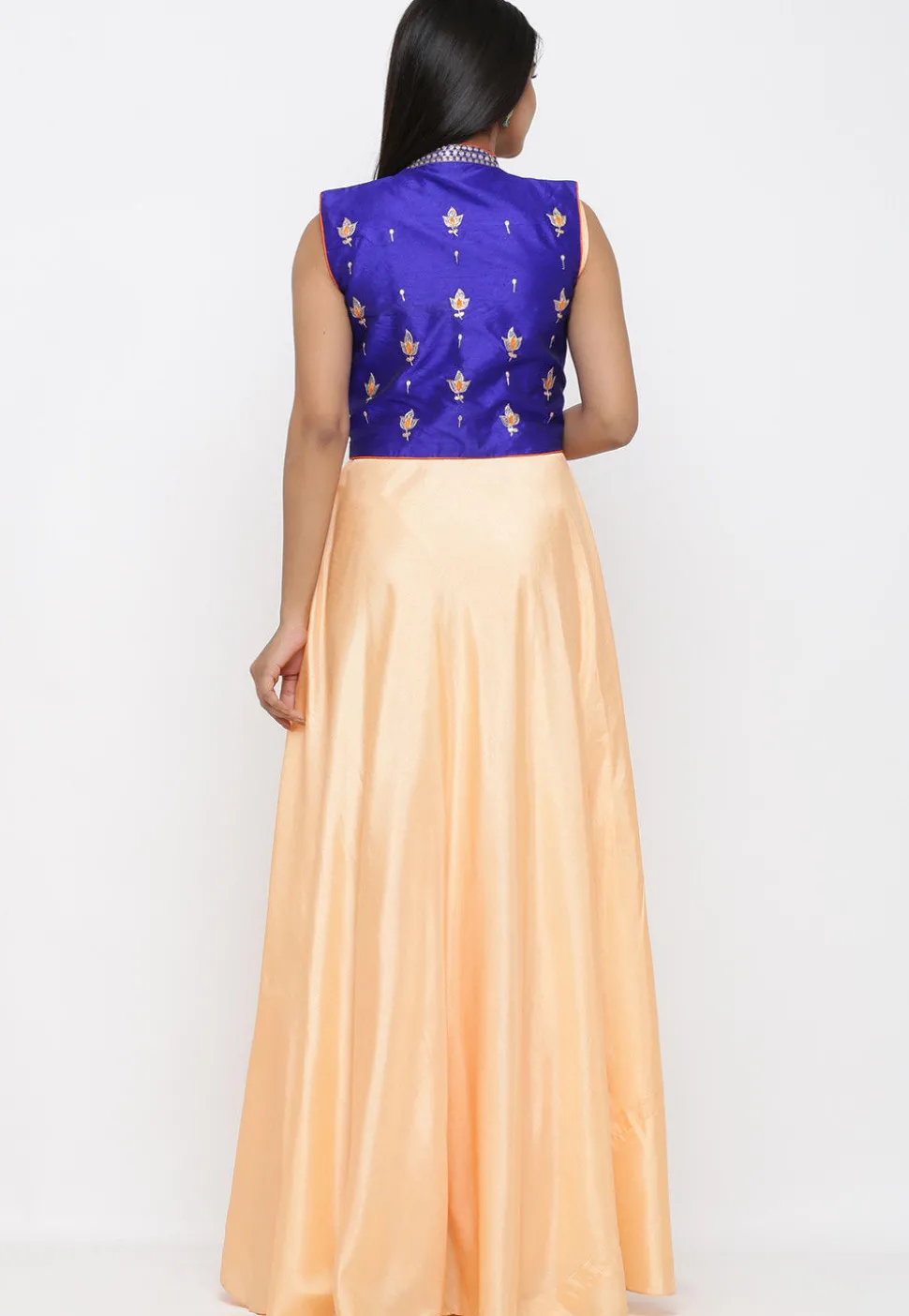 Embroidered Art Silk Gown with Jacket in Peach