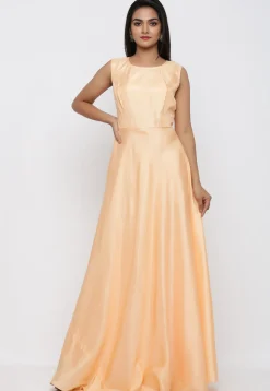 Embroidered Art Silk Gown with Jacket in Peach