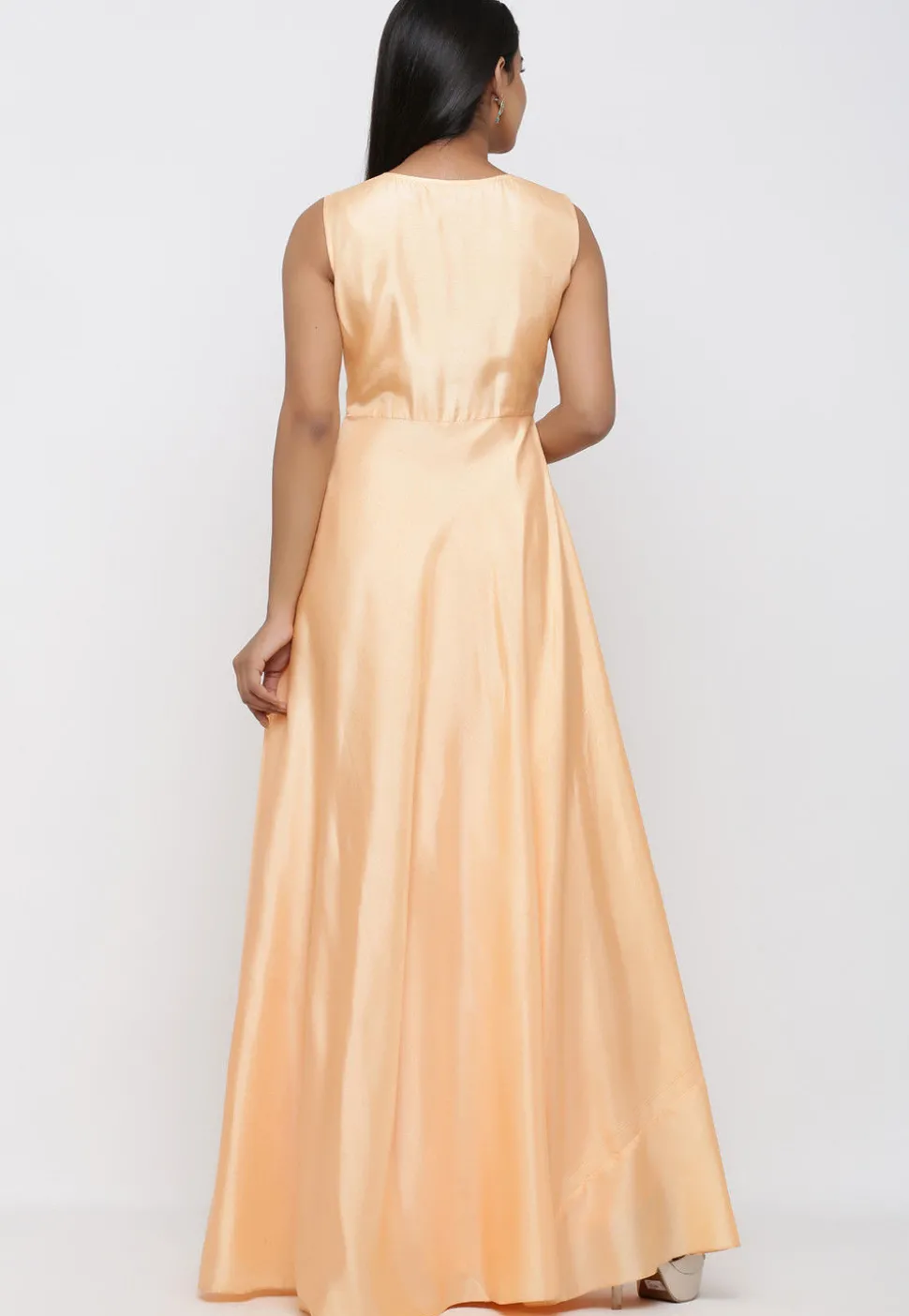 Embroidered Art Silk Gown with Jacket in Peach