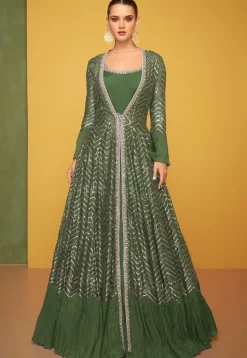 Embroidered Art Silk Gown in Olive Green