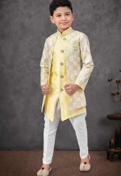 Embroidered Art Silk Jacket Style Sherwani in Yellow and Cream