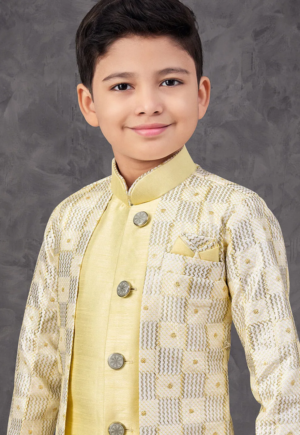 Embroidered Art Silk Jacket Style Sherwani in Yellow and Cream