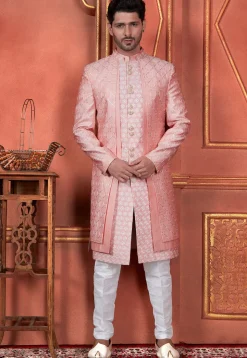 Embroidered Art Silk Jacket Style Sherwani in Peach