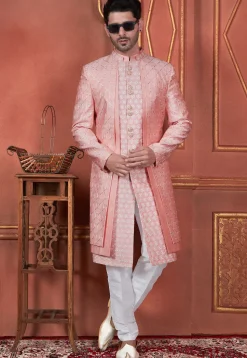 Embroidered Art Silk Jacket Style Sherwani in Peach