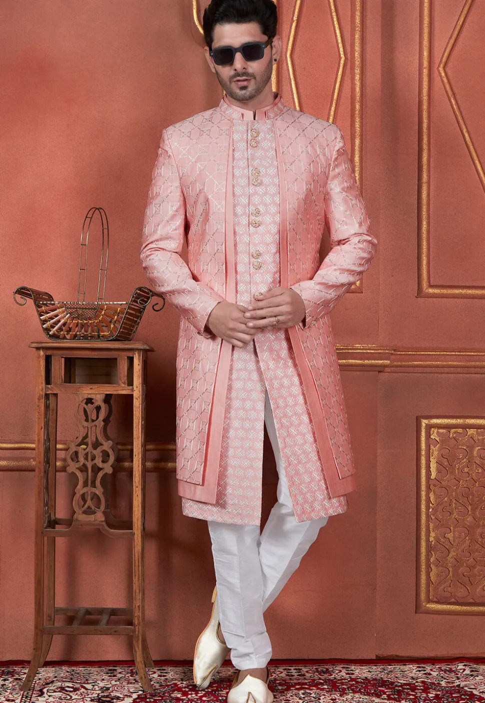 Embroidered Art Silk Jacket Style Sherwani in Peach