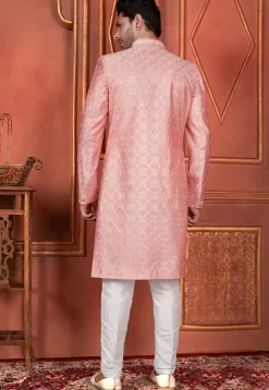 Embroidered Art Silk Jacket Style Sherwani in Peach