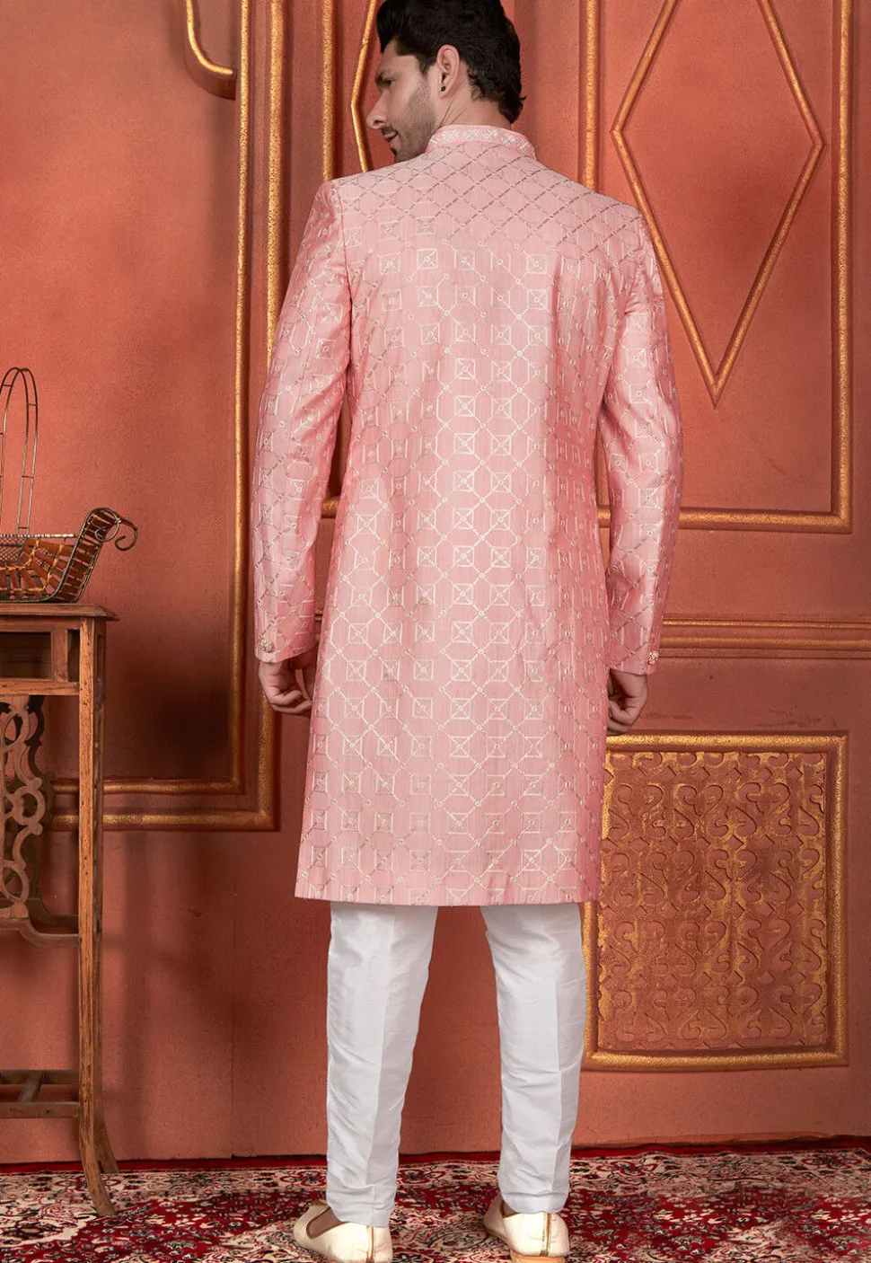 Embroidered Art Silk Jacket Style Sherwani in Peach