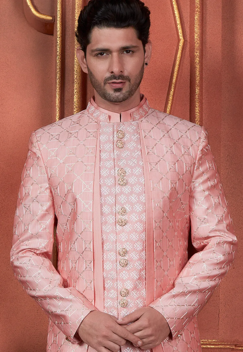 Embroidered Art Silk Jacket Style Sherwani in Peach