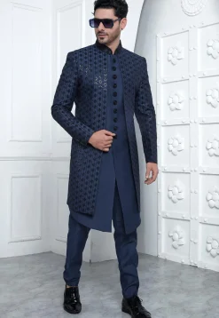Embroidered Art Silk Jacket Style Sherwani in Navy Blue