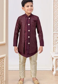 Embroidered Art Silk Jacket Style Sherwani in Wine