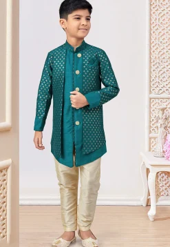 Embroidered Art Silk Jacket Style Sherwani in Teal Blue