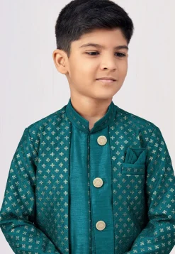 Embroidered Art Silk Jacket Style Sherwani in Teal Blue