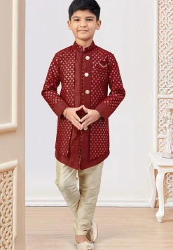Embroidered Art Silk Jacket Style Sherwani in Maroon
