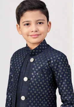 Embroidered Art Silk Jacket Style Sherwani in Navy Blue
