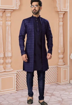 Embroidered Art Silk Jacket Style Sherwani in Navy Blue