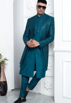 Embroidered Art Silk Jacket Style Sherwani in Teal Blue