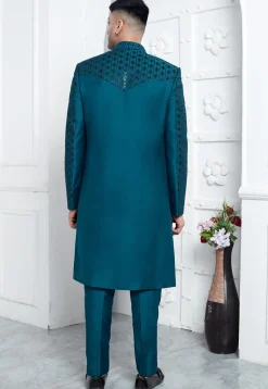 Embroidered Art Silk Jacket Style Sherwani in Teal Blue