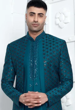 Embroidered Art Silk Jacket Style Sherwani in Teal Blue