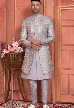 Embroidered Art Silk Jacket Style Sherwani in Light Purple