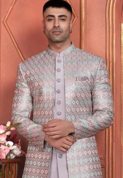Embroidered Art Silk Jacket Style Sherwani in Light Purple