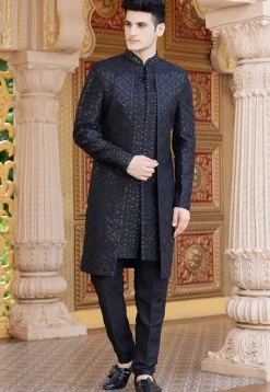 Embroidered Art Silk Jacket Style Sherwani in Black