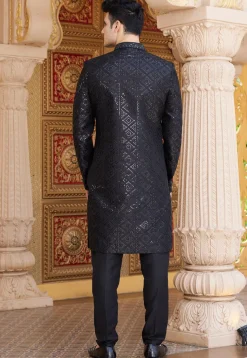 Embroidered Art Silk Jacket Style Sherwani in Black