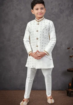 Embroidered Art Silk Jacket Style Sherwani in Off White