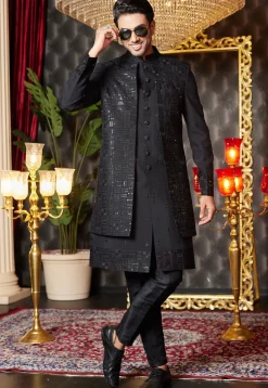 Embroidered Art Silk Jacket Style Sherwani in Black