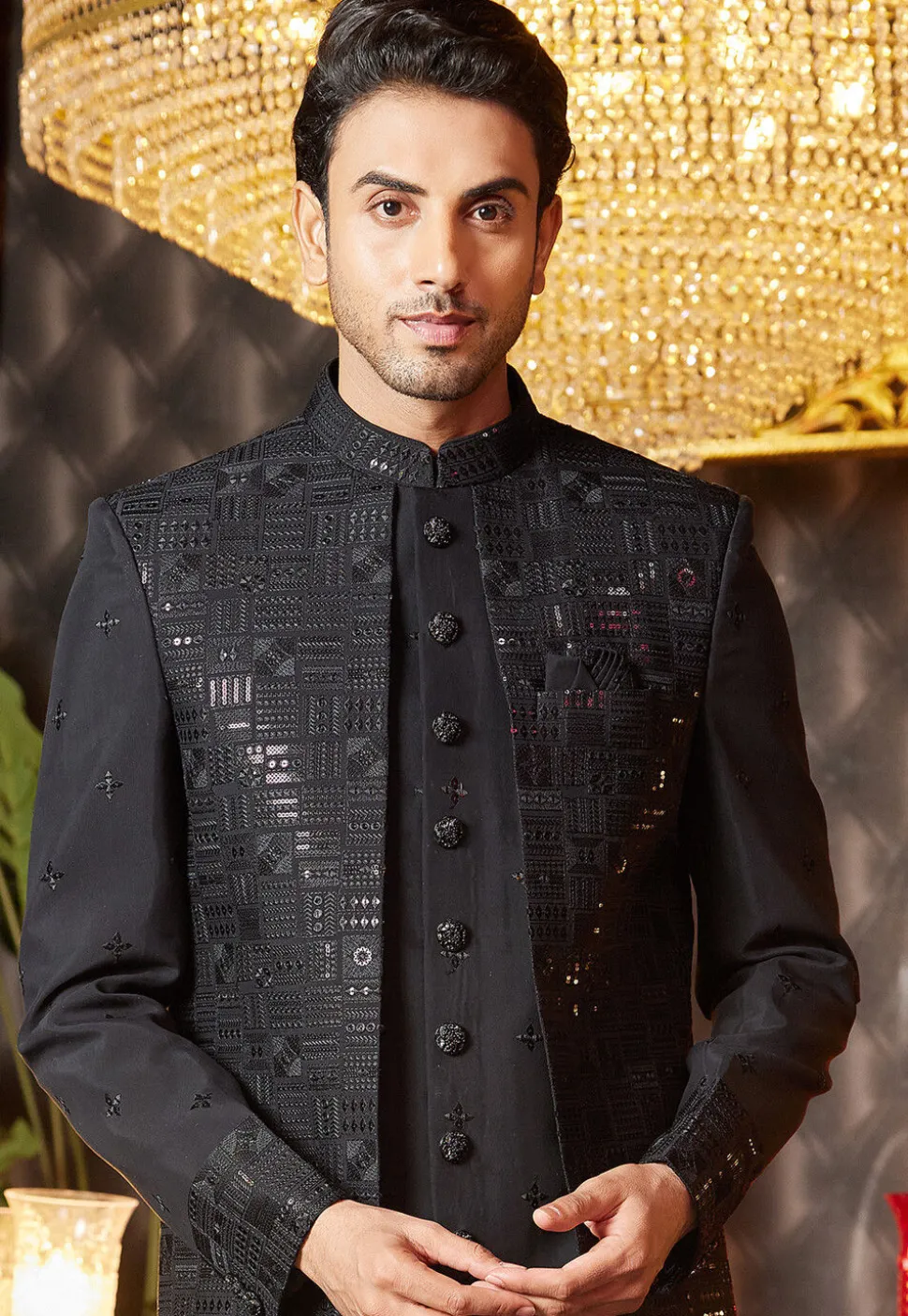 Embroidered Art Silk Jacket Style Sherwani in Black
