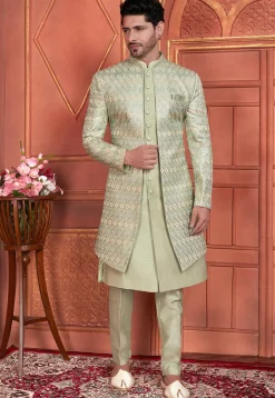 Embroidered Art Silk Jacket Style Sherwani in Dusty Green