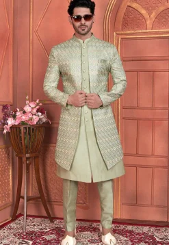 Embroidered Art Silk Jacket Style Sherwani in Dusty Green