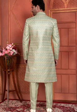 Embroidered Art Silk Jacket Style Sherwani in Dusty Green